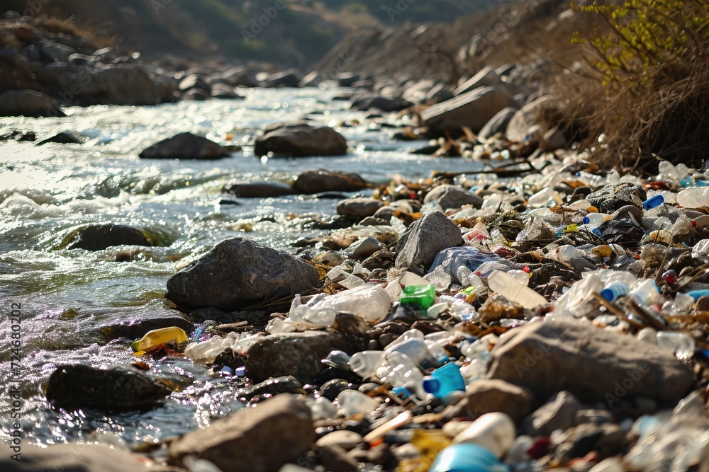 Polluted river, destructive presence of plastic waste on the natural flow of water