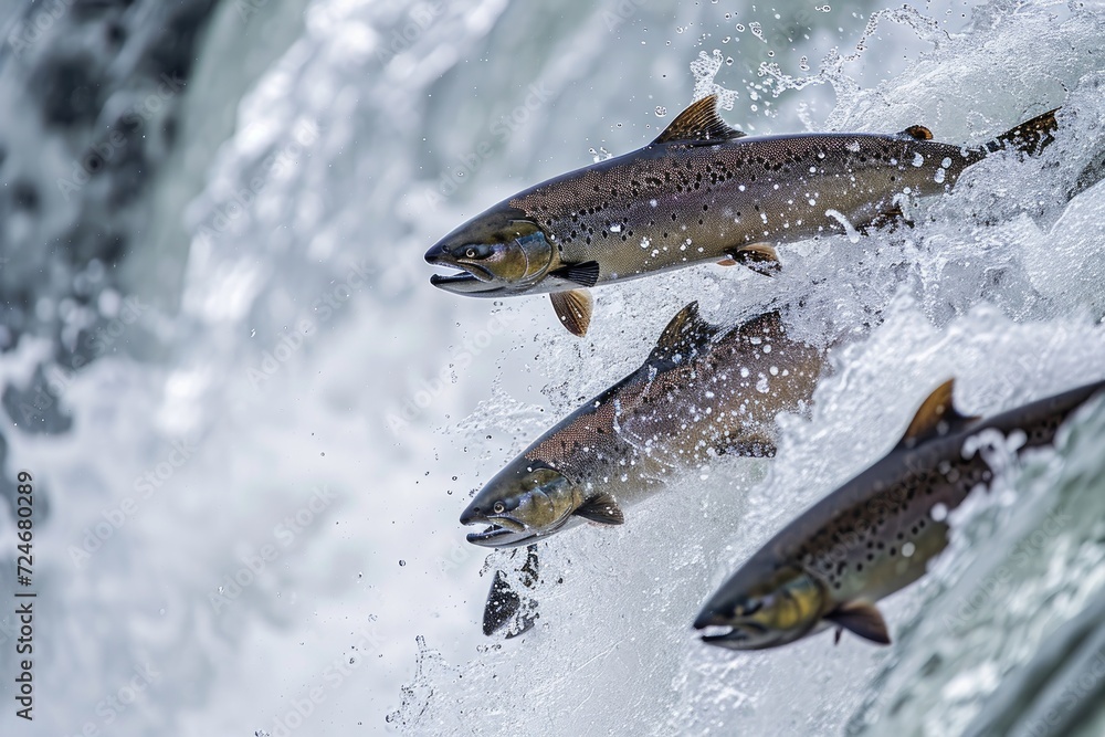 Salmon leaping up at river