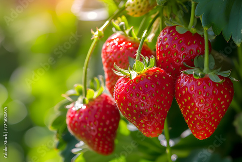 Farming concept - strawberries growing on bunch
