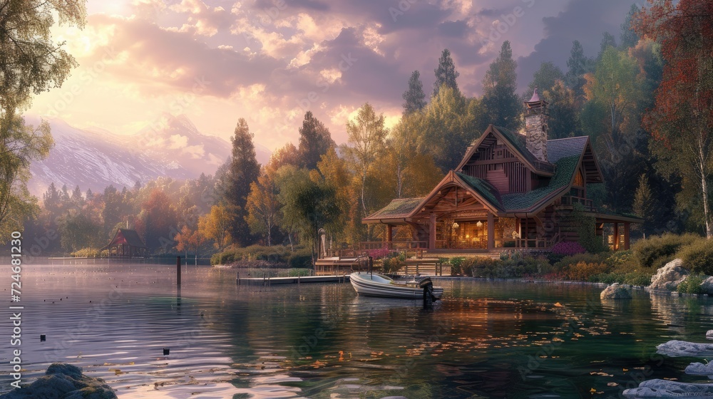 Fototapeta premium Fantasy landscape with a wooden house on the lake in the mountains