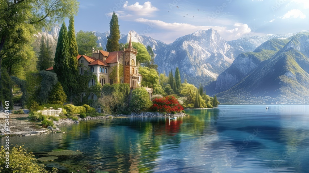 Beautiful villa on the lake with mountains in the background. - obrazy, fototapety, plakaty 