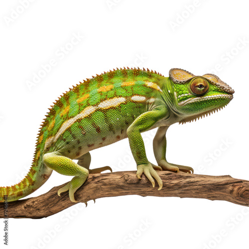 Chamaeleo chameleon, on branch in front of transparent background