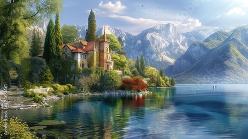 Beautiful villa on the lake with mountains in the background. photo