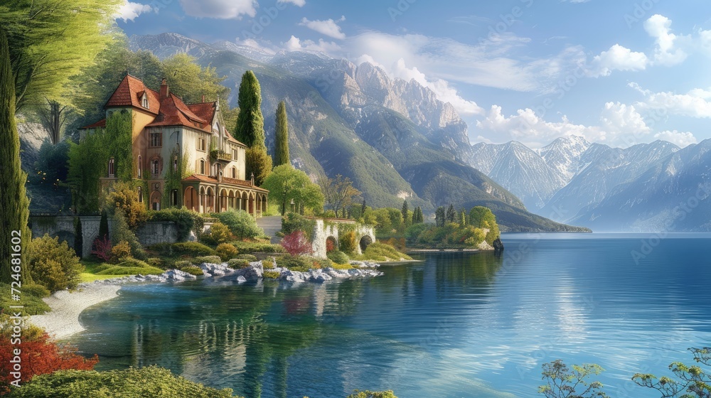 Beautiful villa on the lake with mountains in the background.