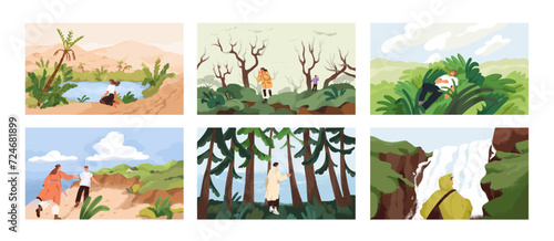Nature landscapes view, characters in adventures, journeys. People tourists travel, walk outdoors. Calm serene spring and summer scenery views with plants, water. Concept flat vector illustrations set