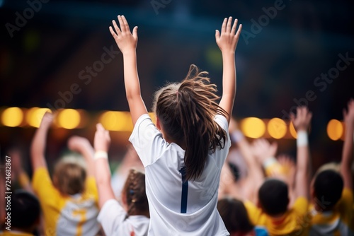 girl celebrating a goal with arms raised, teammates nearby