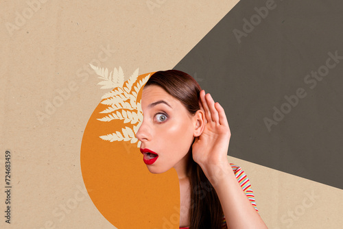 Fotografie Surreal unusual collage banner of impressed girls hold hands near ear listen unb
