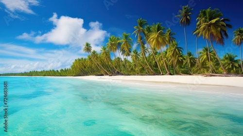 beautiful beach and tropical sea with green coconut trees, clear blue sky © vanzerim