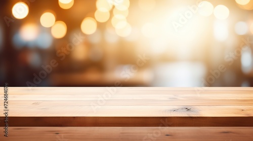 Empty wooden table in restaurant blurry panorama, banner background, 3D Rendering © vanzerim