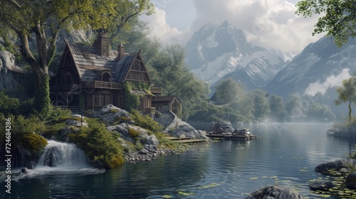 Wooden house on the bank of a mountain lake