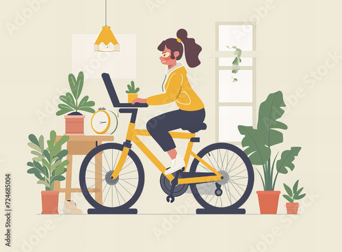 girl cycling at home, exercise clipart illustration of a girl on bike fitting, person riding a bicycle, Caucasian woman in bicycle flat color vector detailed character. Girl on bike