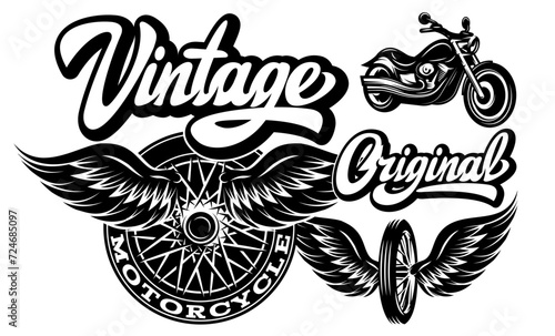 Set of vector monochrome design elements on the theme of custom motorcycle tuning