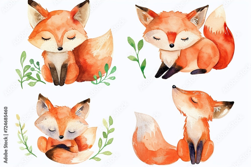 Set of cute fox in different poses in style of childlike simplistic watercolor Set of cute fox in different poses in style of childlike simplistic watercolor