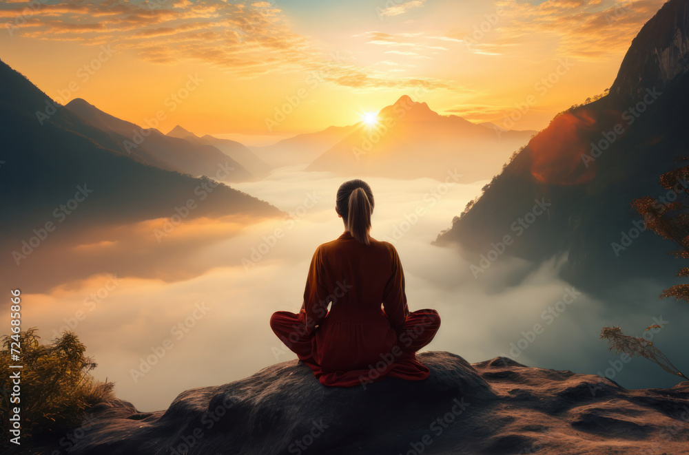 Tranquil Sunset Yoga - A Wellness and Mindfulness Journey. A girl meditates against the background of mountains and sunset