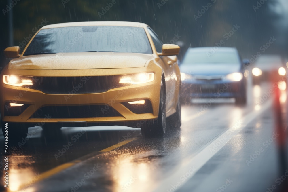 cars with headlights on driving through heavy rain on a highway
