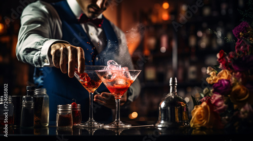 Bartender making a cocktail at the bar counter in a nightclub