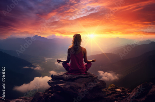 A girl meditates against the background of mountains and sunset. Tranquil Sunset Yoga - A Wellness and Mindfulness Journey.