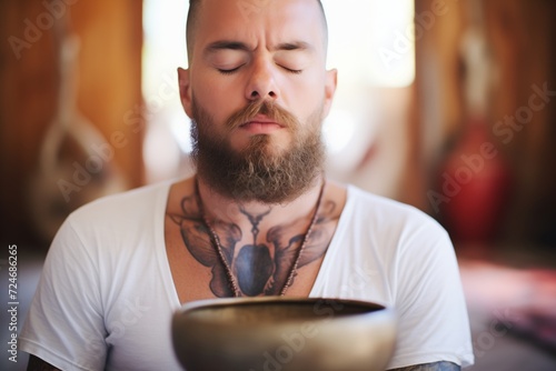 person with eyes closed, using singing bowl for sound bath photo