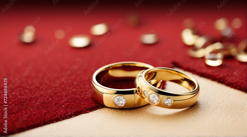 Two golden rings with diamond on a red carpet texture from Generative AI Two golden rings with diamond on a red carpet texture from Generative AI