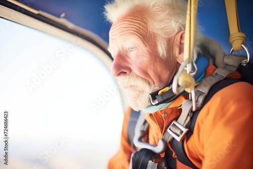 senior skydiver checking altimeter midair during descent photo