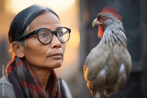 lady in glasses observing rooster crow at dawn