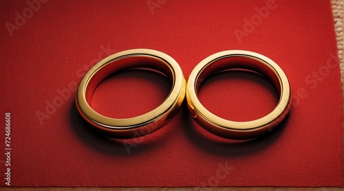 Two golden rings with diamond on a red carpet texture from Generative AI