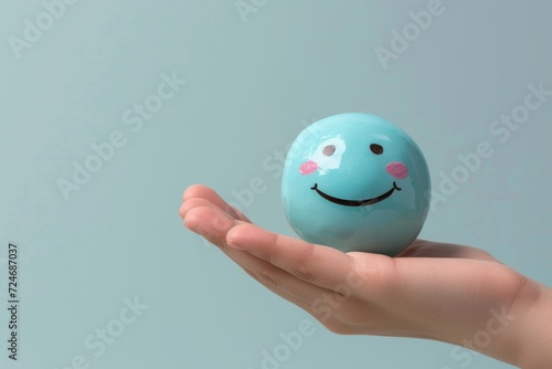 Happy Smiley symbol colorful round circle ball in hand expressing joy and happiness. Smiley and Happy Face Cheerful Emoji Laughing smile radiate positive emotions. Grinning Joyful Expression icon face