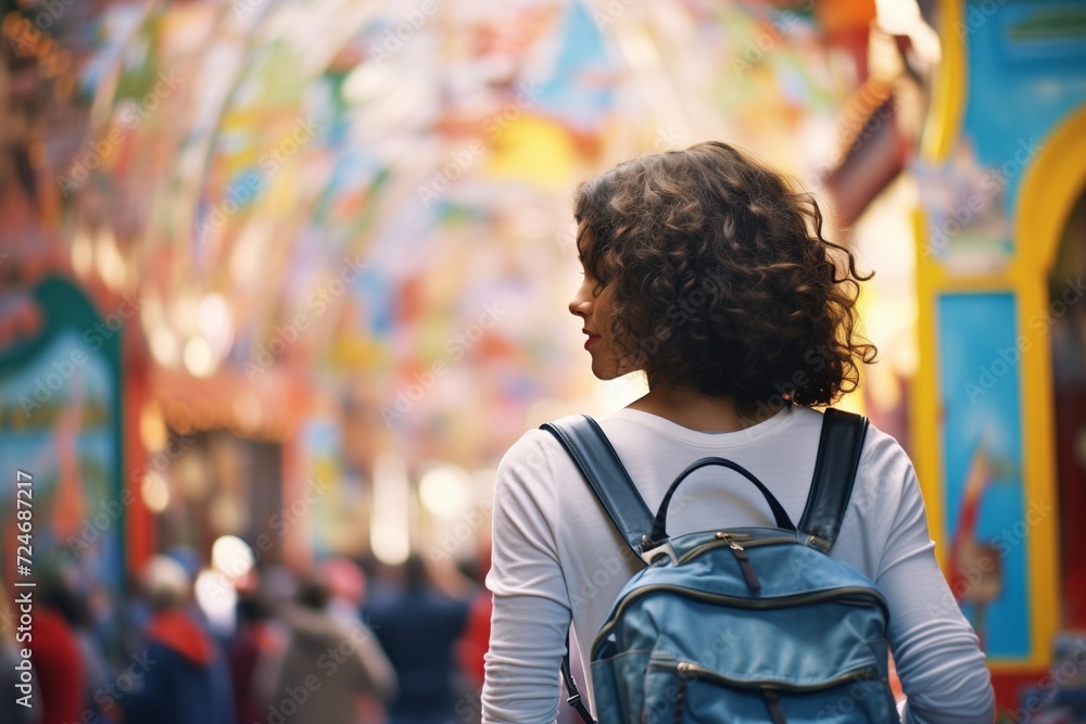woman with a backpack looking at a map amidst carnival rides woman with a backpack looking at a map amidst carnival rides