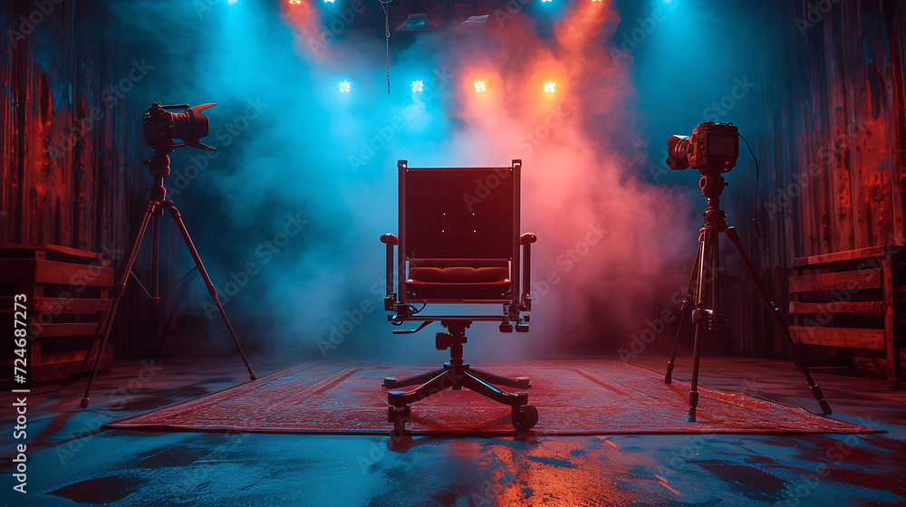 A chair and camera on a stage, isolated background