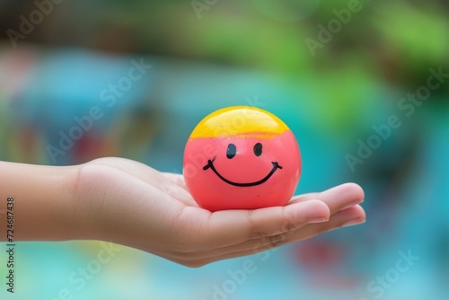 Happy Smiley symbol colorful round circle ball in hand expressing joy and happiness. Smiley and Happy Face Cheerful Emoji Laughing smile radiate positive emotions. Grinning Joyful Expression icon face photo