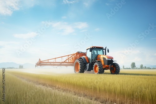 a tractor with a sprayer wetting hay field photo