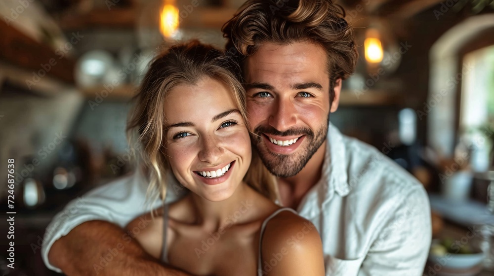 Adorable pair embracing in the kitchen with arms intertwined. Adorable pair embracing in the kitchen with arms intertwined.