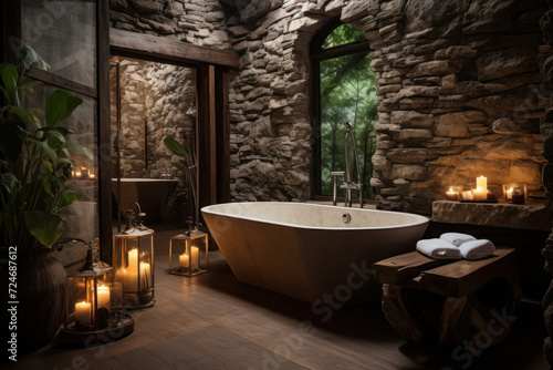 Interior of a luxury bathroom with a bathtub  candles and plants