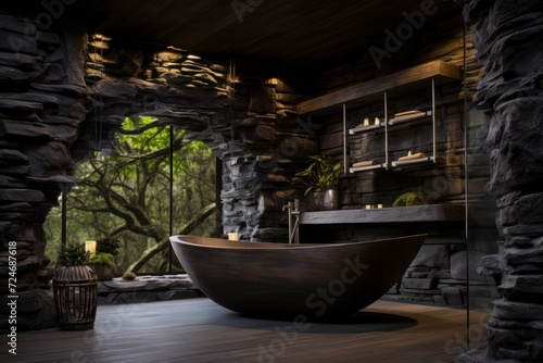 Bathroom interior with wooden floor, panoramic window and stone wall
