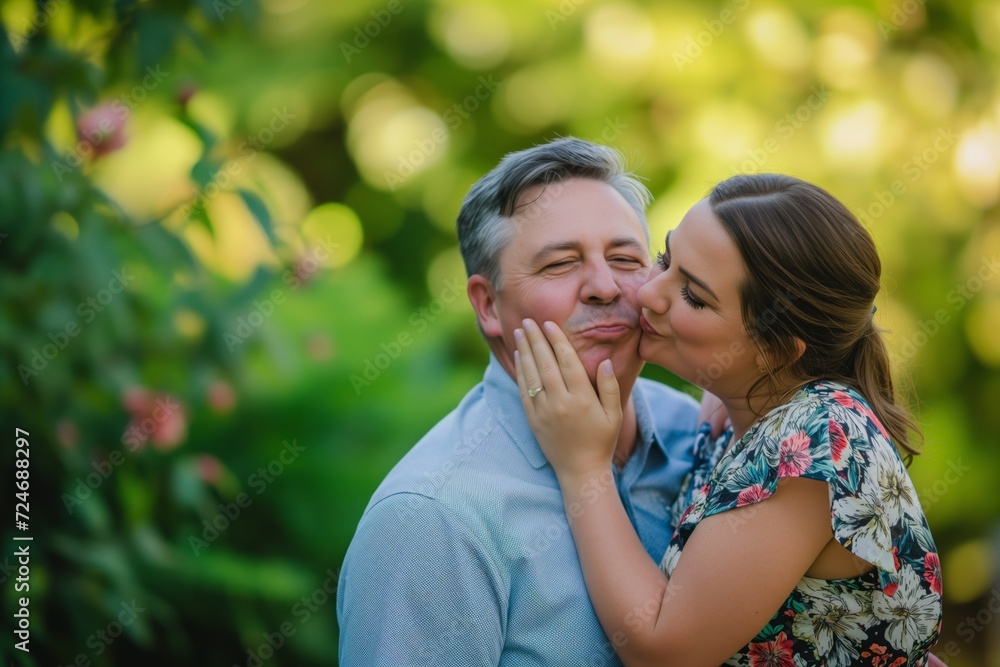 woman with floral dress kissing mans cheek, blurred green garden background woman with floral dress kissing mans cheek, blurred green garden background