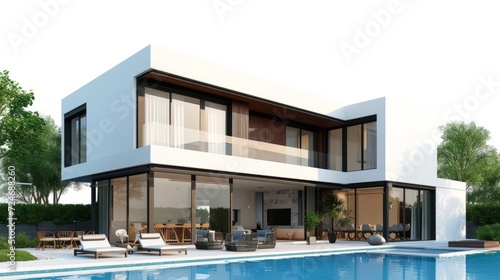 3d rendering of modern cozy house with pool and parking for sale or rent in luxurious style. Isolated on white © Emil