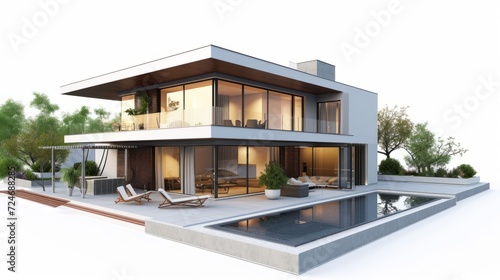 3d rendering of modern cozy house with pool and parking for sale or rent in luxurious style. Isolated on white © Emil