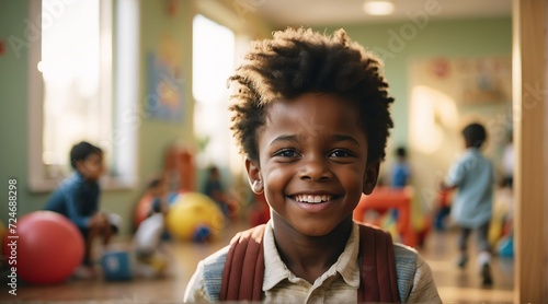 Portrait of a happy kid black african boy playing on a kindergarten room from Generative AI photo