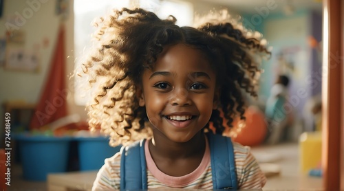 Portrait of a happy kid black african girl playing on a kindergarten room from Generative AI