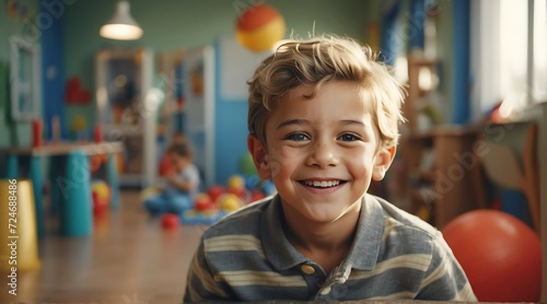 Portrait of a happy kid boy playing on a kindergarten room from Generative AI