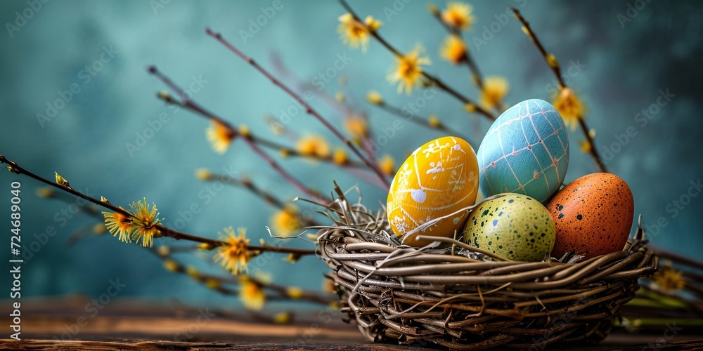 An Easter display featuring eggs and a basket filled with willow, perfect for a holiday card. An Easter display featuring eggs and a basket filled with willow, perfect for a holiday card.
