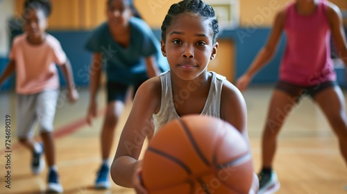 A primary student taking charge of a basketball in a physical education class at the school gym, with her trainer and companions in the backdrop. © ckybe