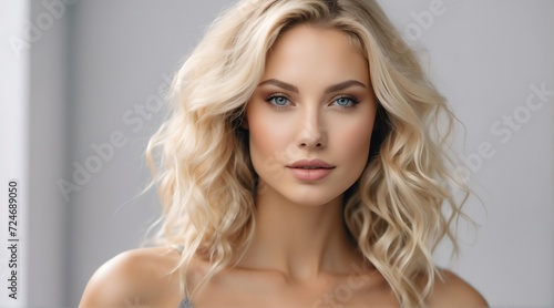 Portrait of attractive blonde woman for beauty skin care ad concept on plain white background from Generative AI