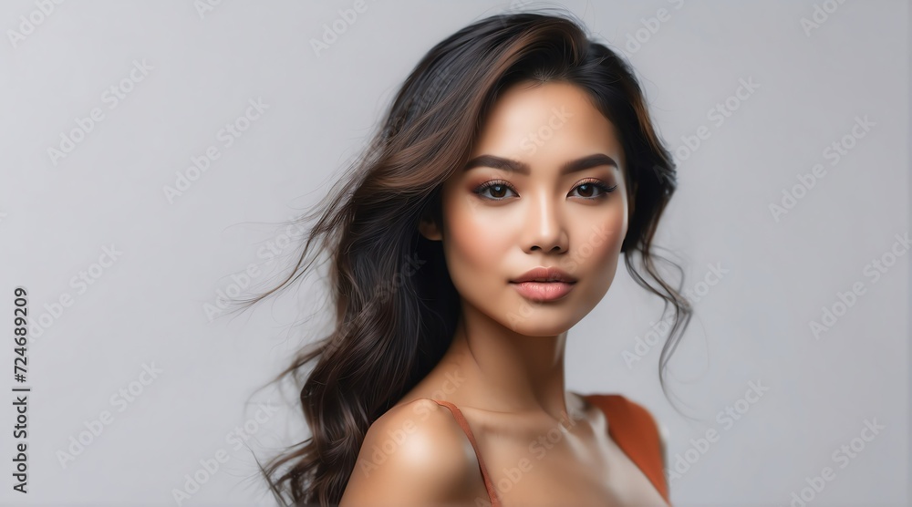 Portrait of attractive filipino woman for beauty skin care ad concept on plain white background from Generative AI Portrait of attractive filipino woman for beauty skin care ad concept on plain white background from Generative AI