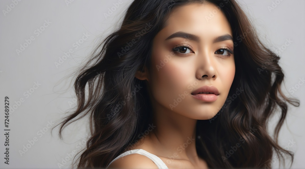 Portrait of attractive filipino woman for beauty skin care ad concept on plain white background from Generative AI Portrait of attractive filipino woman for beauty skin care ad concept on plain white background from Generative AI