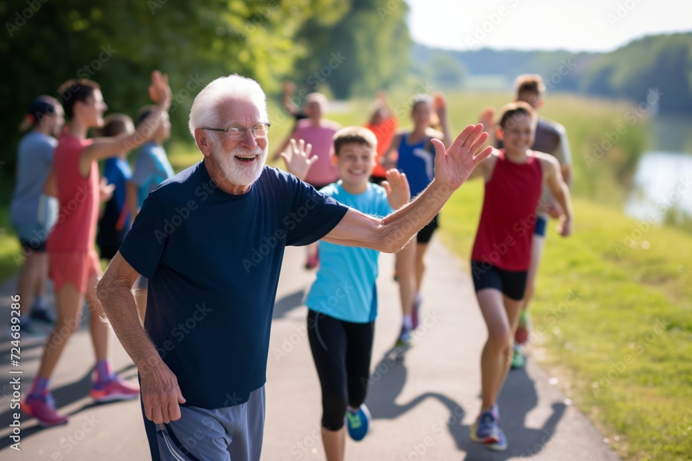 smiling senior jogger highfiving young runners on a path