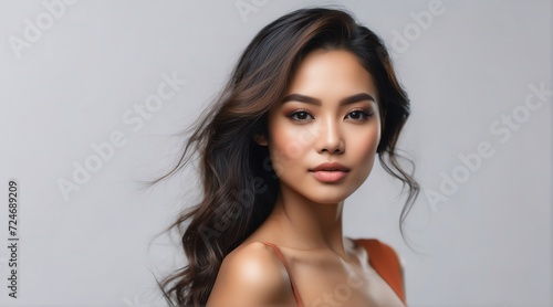 Portrait of attractive filipino woman for beauty skin care ad concept on plain white background from Generative AI