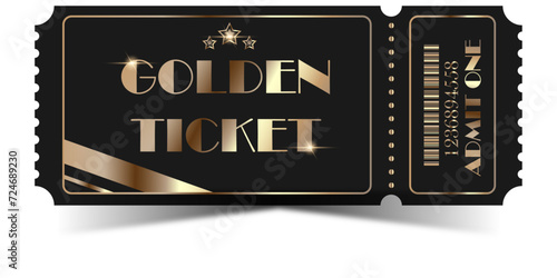 Luxury golden ticket on black background with shiny metallic text and stars. VIP admit one pass for exclusive event, special invitation, premium access or raffle prize. Elegant vector design template.