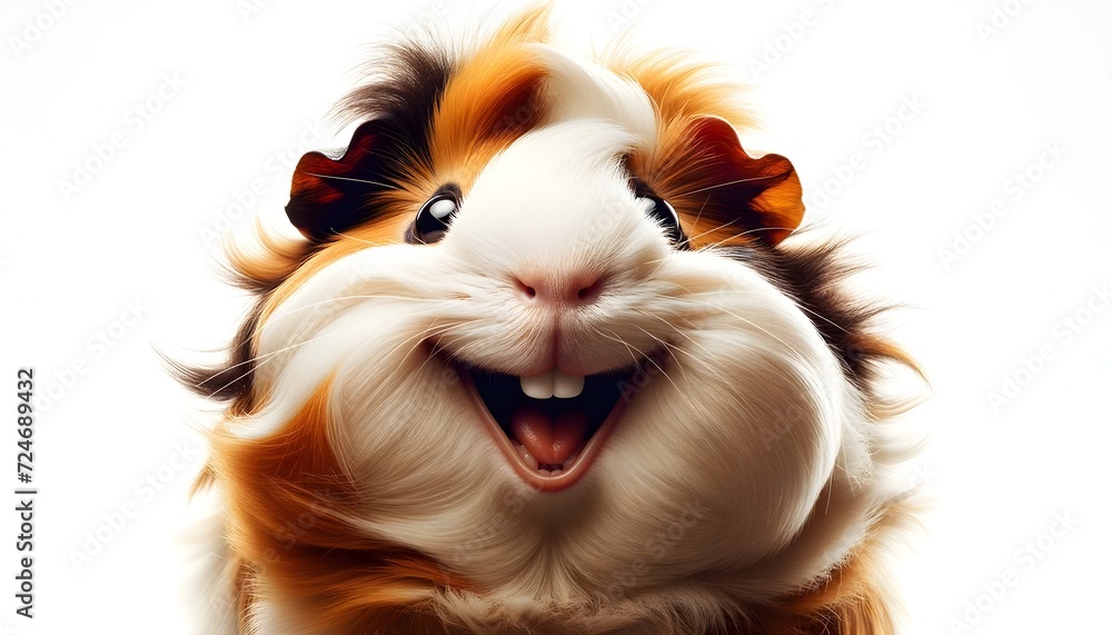 Funny Guinea Pig Smiling Isolated on White Background: Cheerful Expression and Fluffy Fur Highlighted in Bright Lighting Funny Guinea Pig Smiling Isolated on White Background: Cheerful Expression and Fluffy Fur Highlighted in Bright Lighting