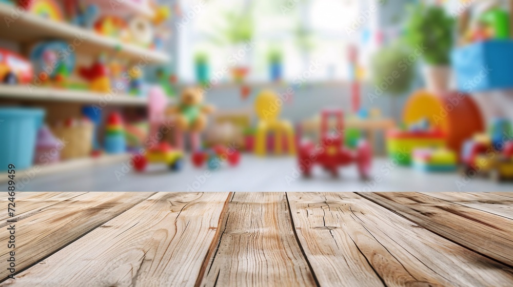 Bare wooden table on fuzzy children's room backdrop with toy exhibit.